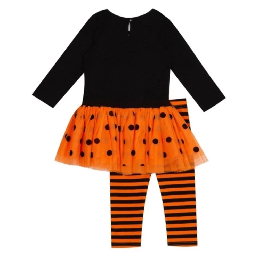 New! Black & Orange Halloween Cat in pumpkin tutu & striped legging set, size 8